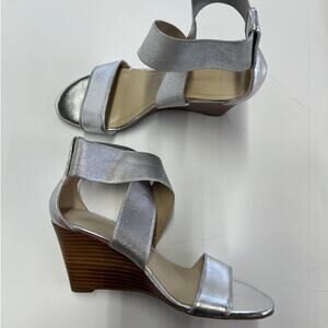 Marc Fisher Heels Womens 7 Silver Cecilia Wedge Sandals Open Toe‎ Shoes